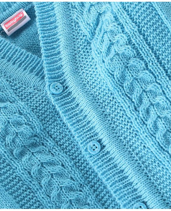 Babyhug Knitted Full Sleeves Sweater Set with Cap & Booties Cable Knit Design - Blue