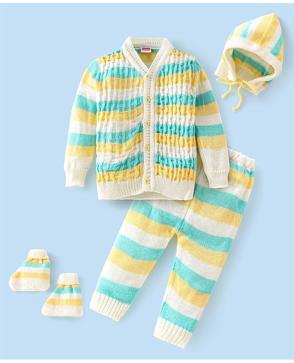 Babyhug Full Sleeves Striped Design Sweater Set with Cap & Booties - Multicolour