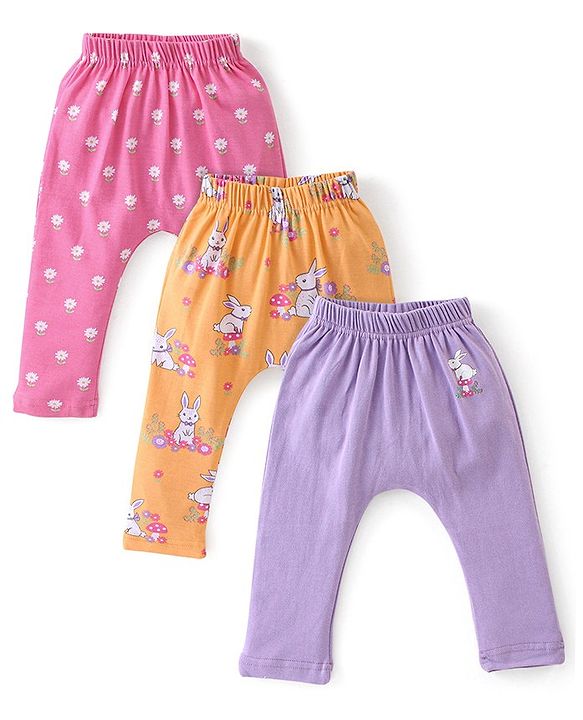 Babyhug Cotton Knit Full Length Diaper Pants Floral Printed Pack of 3 - Multicolour