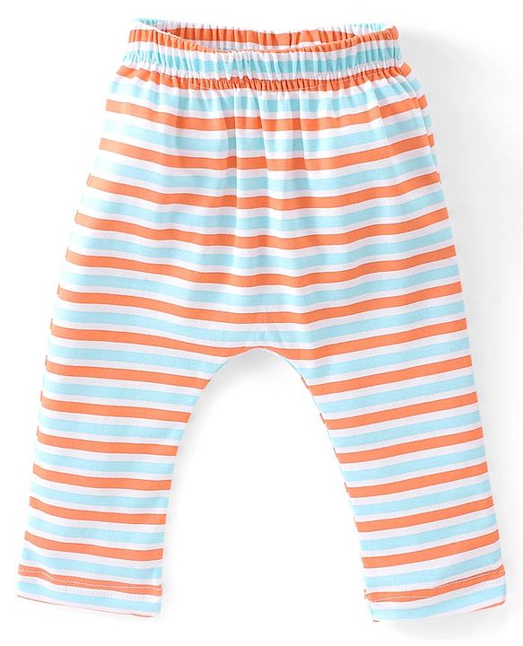 Babyhug Cotton Full Length Diaper Pants Striped & Elephant Printed Pack of 3 - Orange & Blue