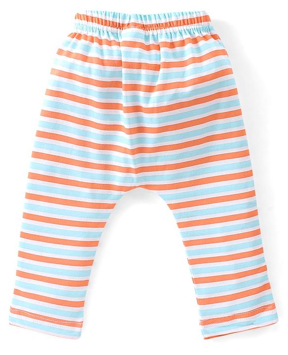 Babyhug Cotton Full Length Diaper Pants Striped & Elephant Printed Pack of 3 - Orange & Blue