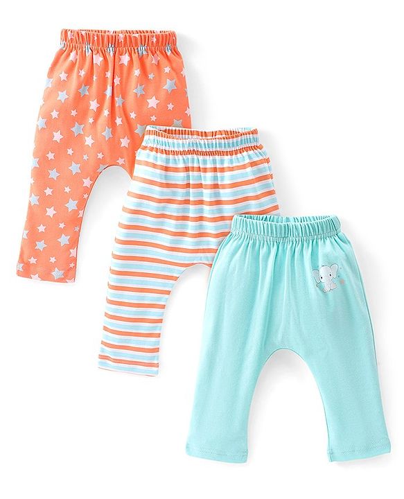 Babyhug Cotton Full Length Diaper Pants Striped & Elephant Printed Pack of 3 - Orange & Blue