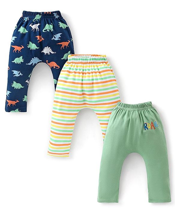 Babyhug Cotton Full Length Striped Diaper Pants Dino Print Pack of 3  - Multicolour