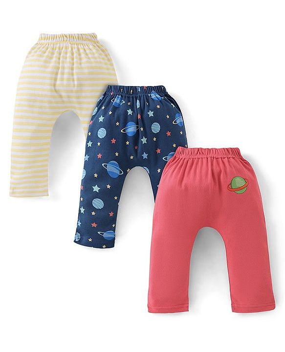 Babyhug Cotton Knit Full Length Diaper Pants Planets Print Pack of 3 - Multicolour