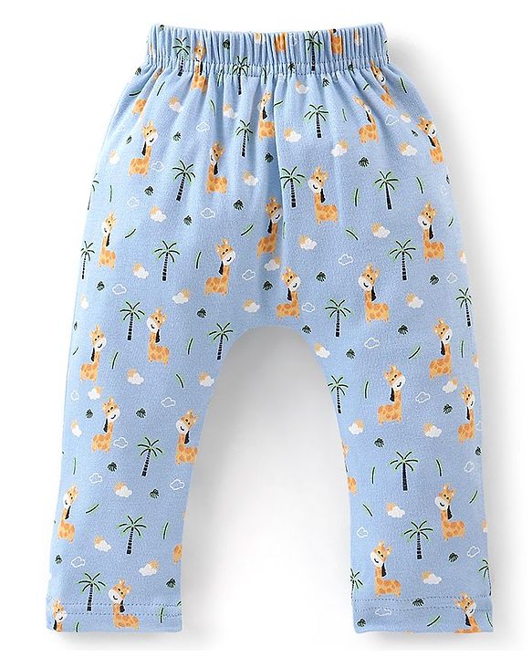 Babyhug Full Length Cotton Diaper Pants Giraffe Print Pack of 3 - Blue