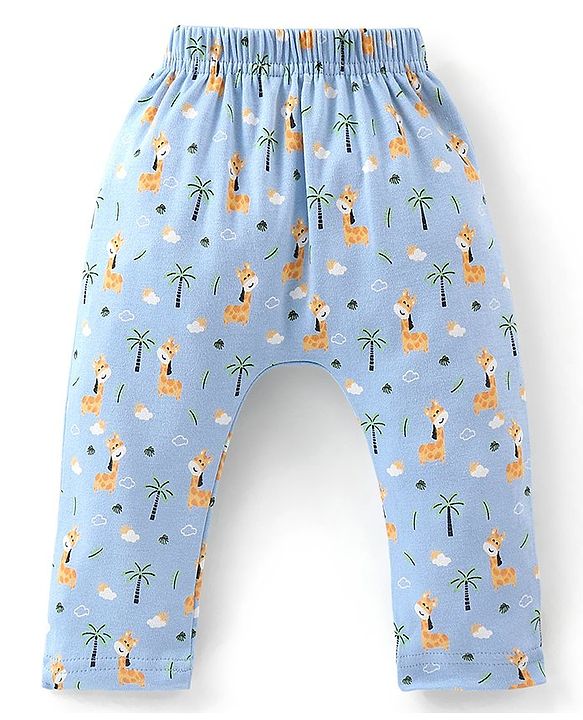 Babyhug Full Length Cotton Diaper Pants Giraffe Print Pack of 3 - Blue