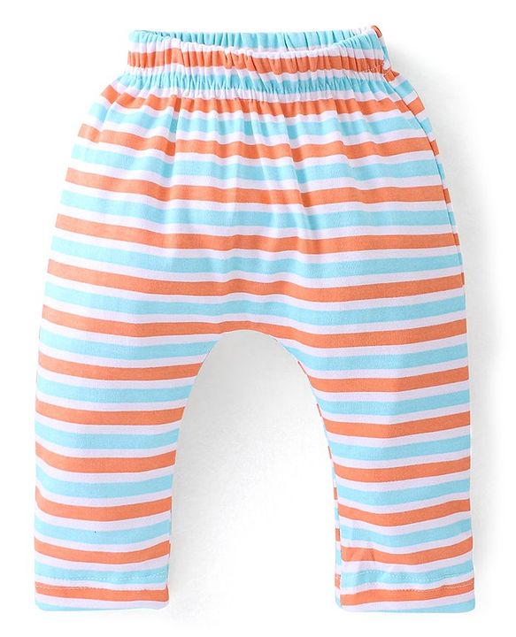 Babyhug Cotton Knit Knee Length Diaper Pants Striped & Stars Printed Pack of 3 - Orange & Blue