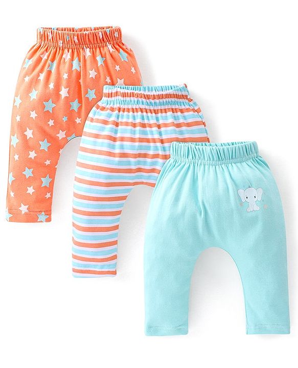 Babyhug Cotton Knit Knee Length Diaper Pants Striped & Stars Printed Pack of 3 - Orange & Blue