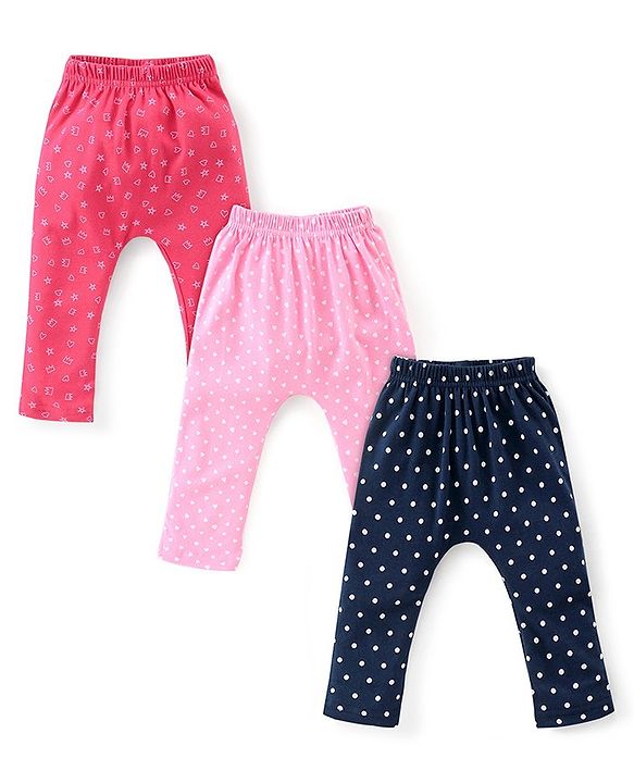 Babyhug Cotton Full Length Diaper Leggings Polka Dots Printed Pack of 3 - Pink & Navy Blue