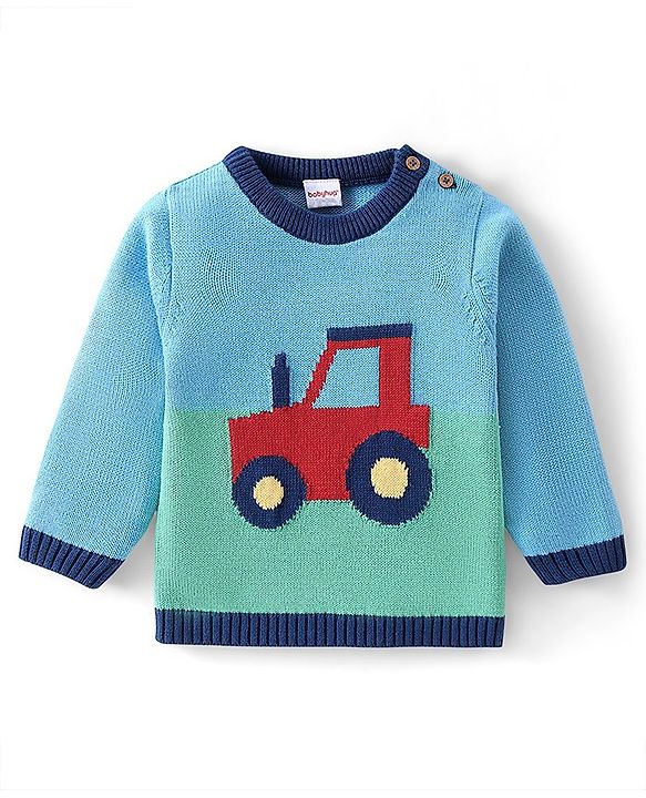 Babyhug Organic Cotton Knit Full Sleeves Baby Sweater Set with Cap & Tractor Design - Blue