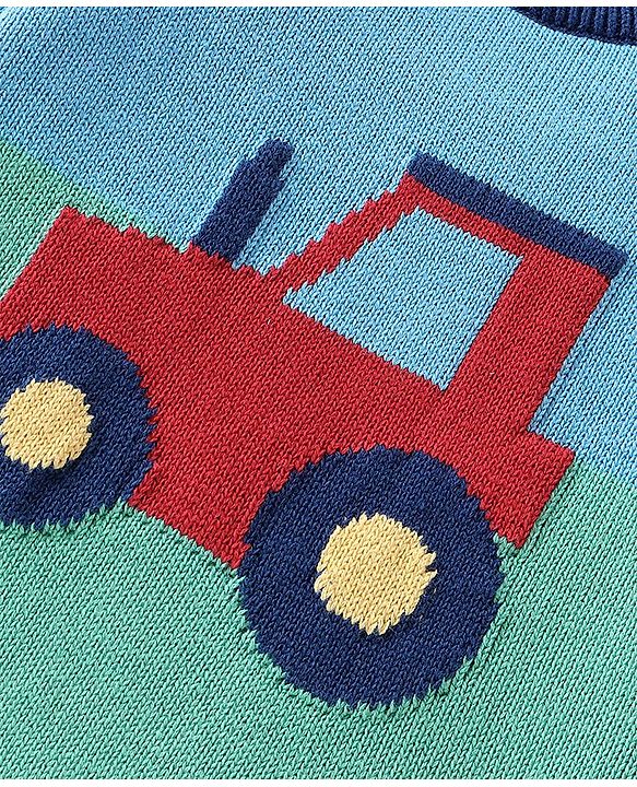 Babyhug Organic Cotton Knit Full Sleeves Baby Sweater Set with Cap & Tractor Design - Blue