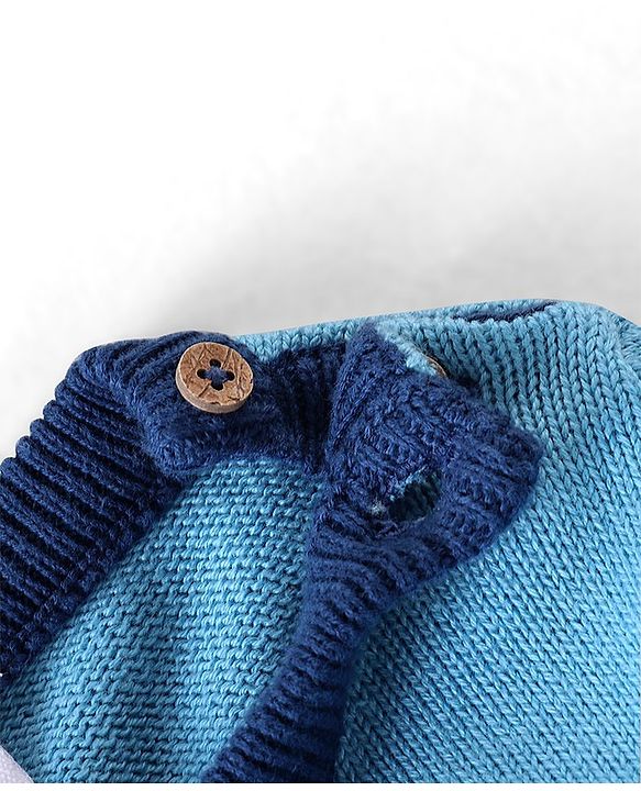 Babyhug Organic Cotton Knit Full Sleeves Baby Sweater Set with Cap & Tractor Design - Blue
