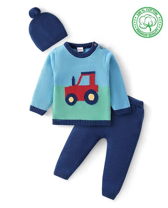 Babyhug Organic Cotton Knit Full Sleeves Baby Sweater Set with Cap & Tractor Design - Blue