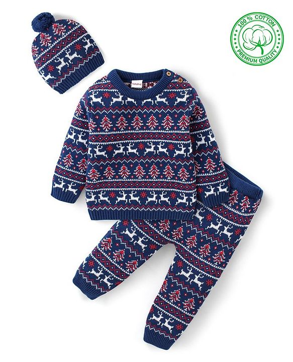 Babyhug Organic Cotton Full Sleeves Baby Sweater Sets Christmas Theme - Navy