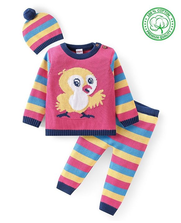 Babyhug Organic Cotton Knit Full Sleeves Baby Sweater Set with Cap & Bird Design - Pink & Blue