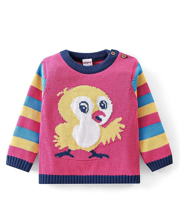 Babyhug Organic Cotton Knit Full Sleeves Baby Sweater Set with Cap & Bird Design - Pink & Blue