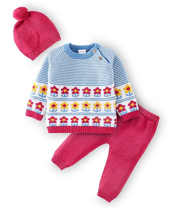 Babyhug Organic Cotton Full Sleeves Sweater Set with Floral Design - Pink