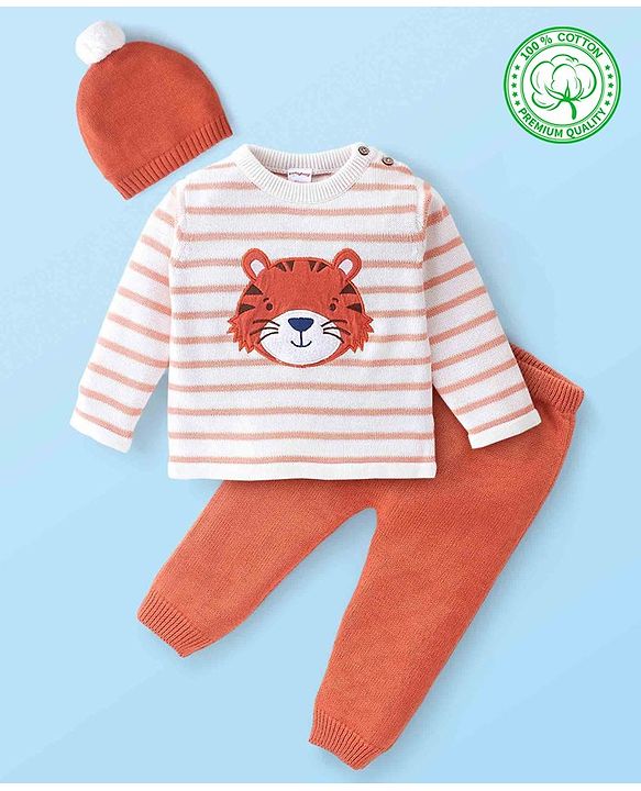 Babyhug Organic Cotton Full Sleeves Sweater Set Striped & Tiger Print - Peach & White