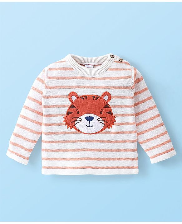 Babyhug Organic Cotton Full Sleeves Sweater Set Striped & Tiger Print - Peach & White