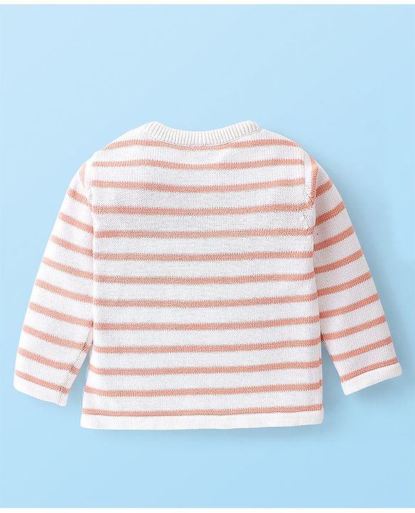 Babyhug Organic Cotton Full Sleeves Sweater Set Striped & Tiger Print - Peach & White