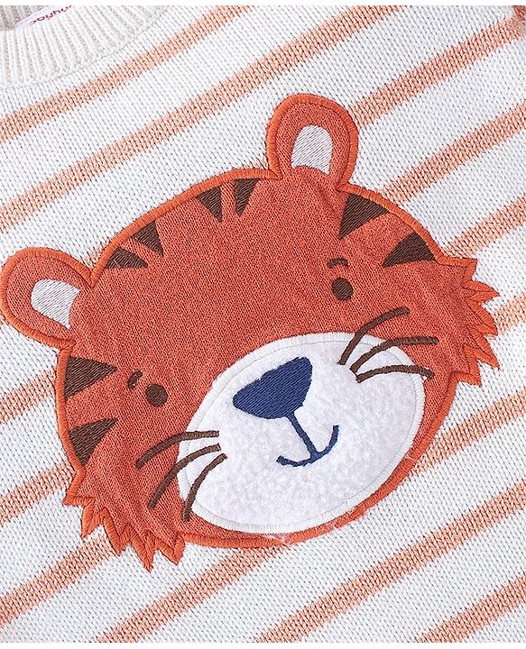 Babyhug Organic Cotton Full Sleeves Sweater Set Striped & Tiger Print - Peach & White