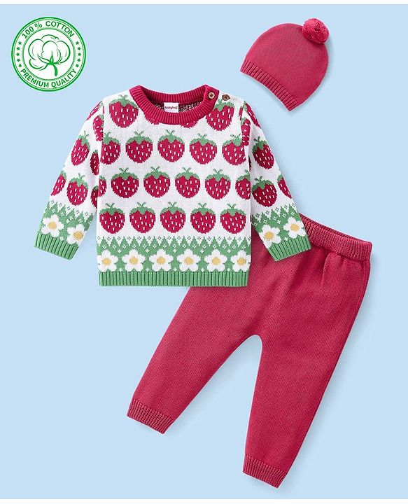 Babyhug Organic Cotton Knit Full Sleeves Sweater Set with Cap Strawberry Design - Pink & White