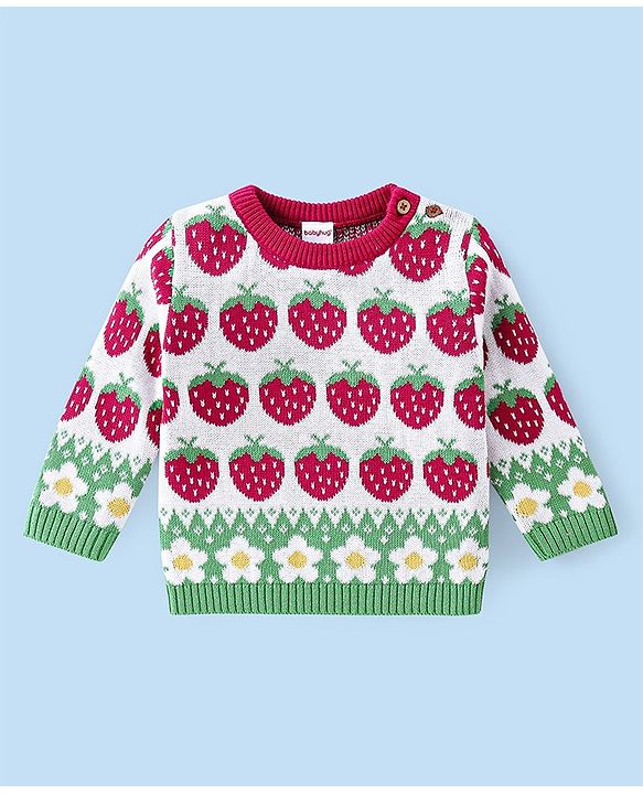 Babyhug Organic Cotton Knit Full Sleeves Sweater Set with Cap Strawberry Design - Pink & White