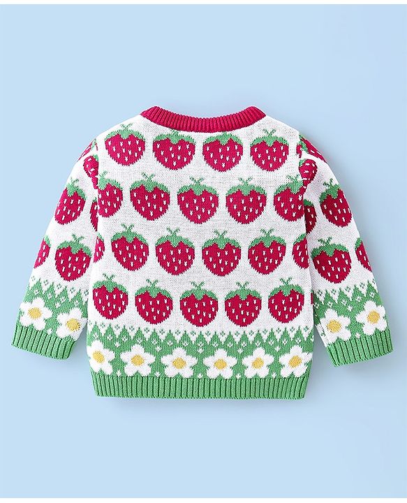 Babyhug Organic Cotton Knit Full Sleeves Sweater Set with Cap Strawberry Design - Pink & White