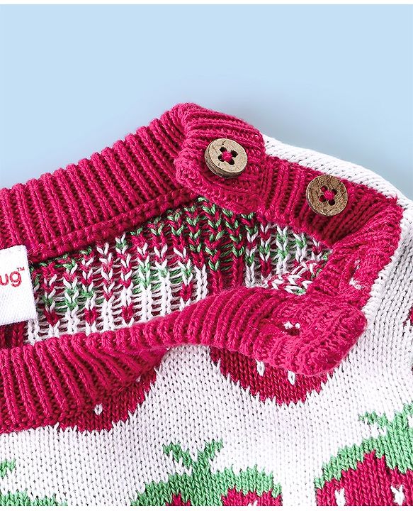 Babyhug Organic Cotton Knit Full Sleeves Sweater Set with Cap Strawberry Design - Pink & White