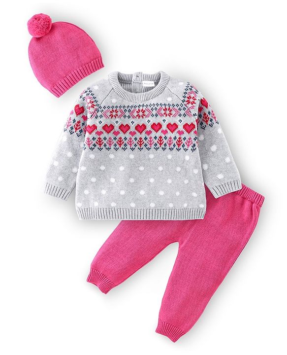 Babyhug Organic Cotton Full Sleeves Baby Sweater Set with Cap Hearts Design - Pink & Grey