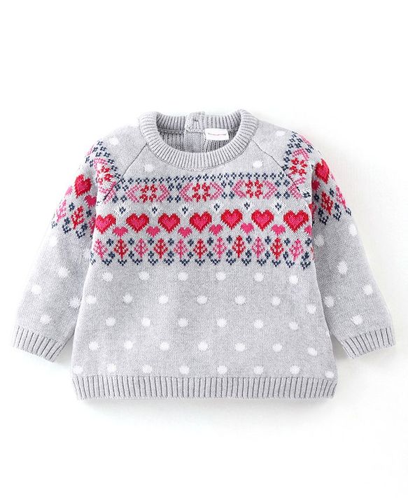 Babyhug Organic Cotton Full Sleeves Baby Sweater Set with Cap Hearts Design - Pink & Grey