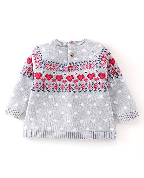 Babyhug Organic Cotton Full Sleeves Baby Sweater Set with Cap Hearts Design - Pink & Grey