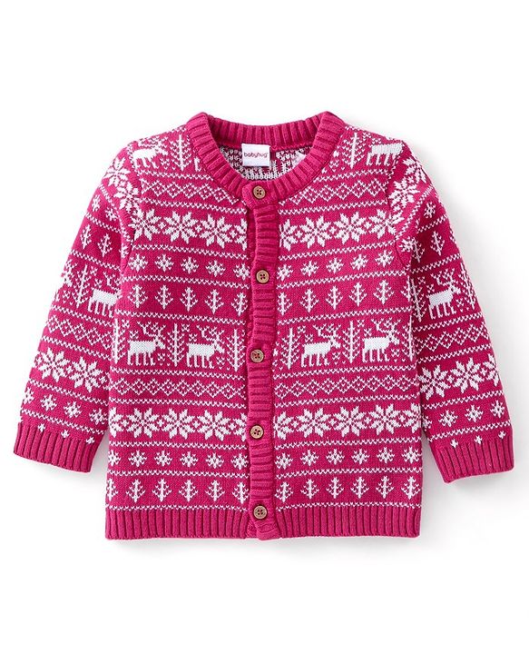 Babyhug Organic Cotton Knit Full Sleeves Sweater Set with Cap & Reindeer Design - Dark Pink
