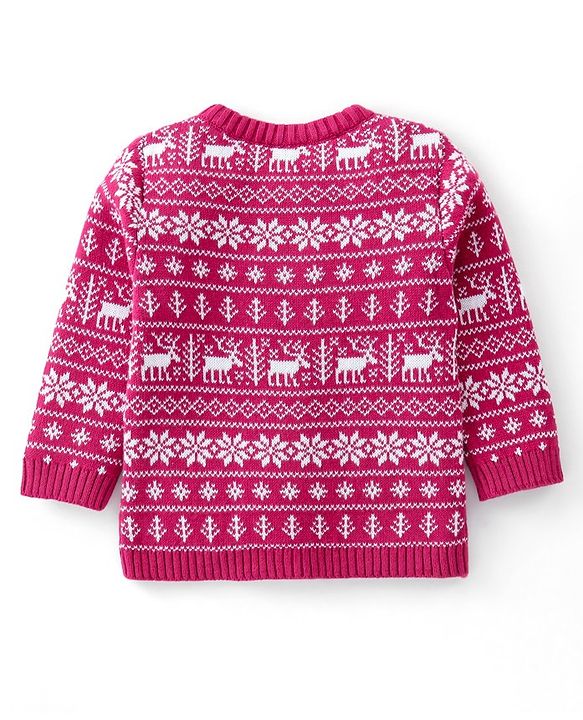 Babyhug Organic Cotton Knit Full Sleeves Sweater Set with Cap & Reindeer Design - Dark Pink