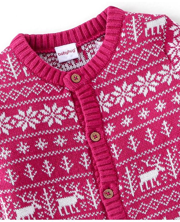 Babyhug Organic Cotton Knit Full Sleeves Sweater Set with Cap & Reindeer Design - Dark Pink