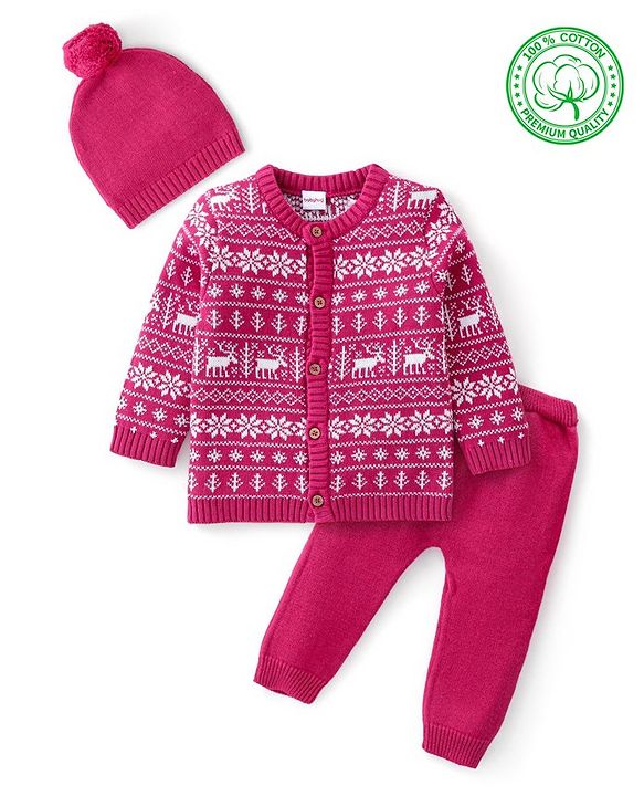 Babyhug Organic Cotton Knit Full Sleeves Sweater Set with Cap & Reindeer Design - Dark Pink