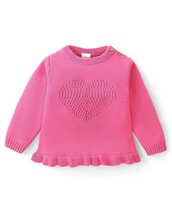 Babyhug Organic Cotton Knit Full Sleeves Sweater Set Heart Design - Dark Pink