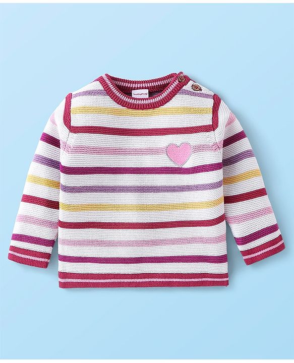 Babyhug Organic Cotton Full Sleeves Striped Baby Sweater Set Heart Design - Multicolor