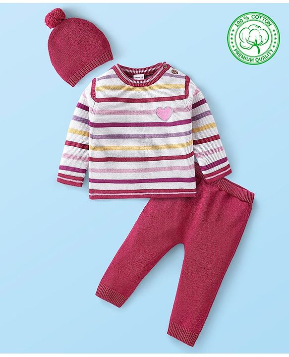 Babyhug Organic Cotton Full Sleeves Striped Baby Sweater Set Heart Design - Multicolor