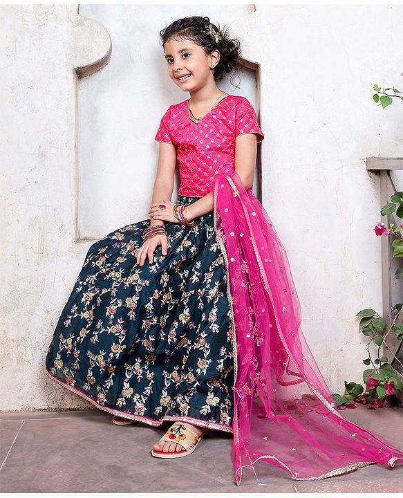 Pine Kids Half Sleeves Embroidered Lehenga Choli Set with Dupatta Floral Print - Pink