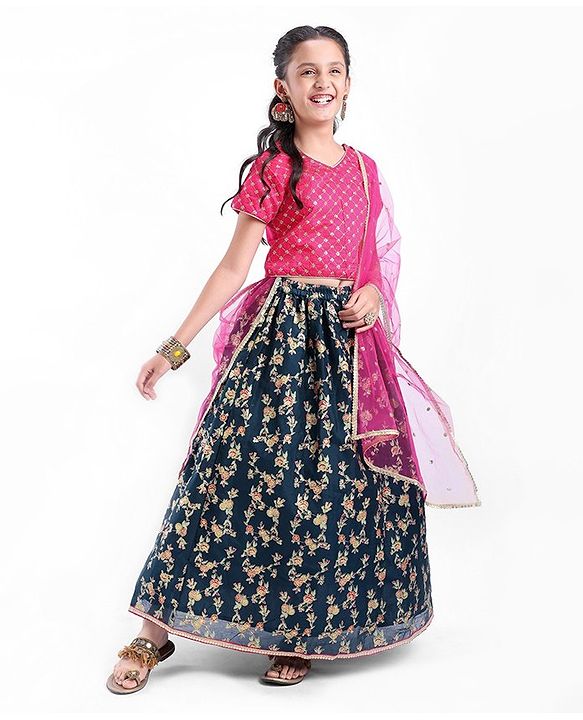 Pine Kids Half Sleeves Embroidered Lehenga Choli Set with Dupatta Floral Print - Pink