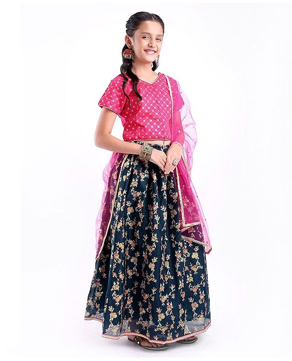Pine Kids Half Sleeves Embroidered Lehenga Choli Set with Dupatta Floral Print - Pink