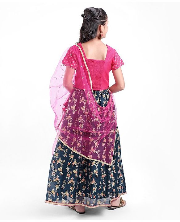 Pine Kids Half Sleeves Embroidered Lehenga Choli Set with Dupatta Floral Print - Pink