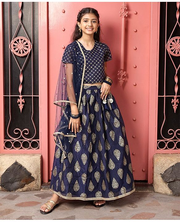 Pine Kids Half Sleeves Choli & Lehenga With Dupatta Set Zari Design - Navy Blue