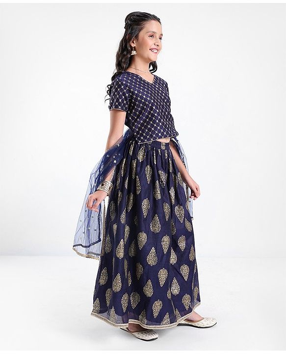 Pine Kids Half Sleeves Choli & Lehenga With Dupatta Set Zari Design - Navy Blue