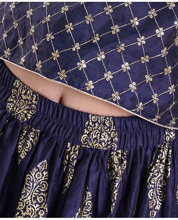 Pine Kids Half Sleeves Choli & Lehenga With Dupatta Set Zari Design - Navy Blue