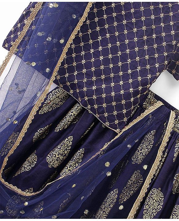 Pine Kids Half Sleeves Choli & Lehenga With Dupatta Set Zari Design - Navy Blue