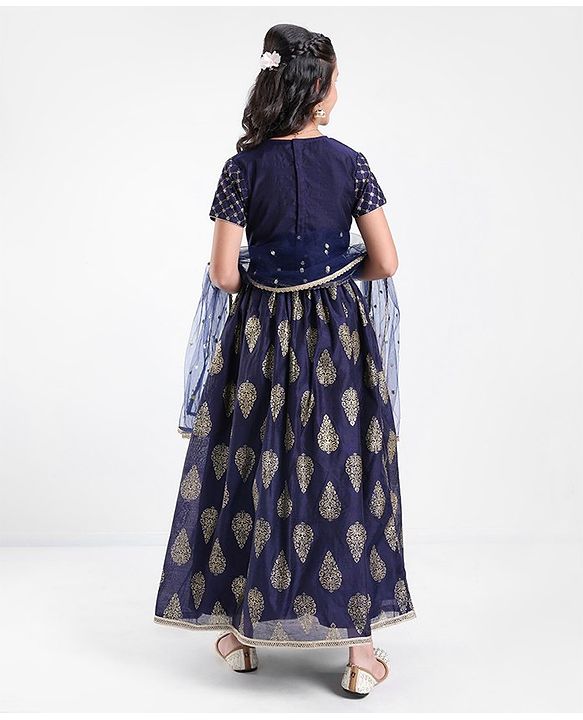 Pine Kids Half Sleeves Choli & Lehenga With Dupatta Set Zari Design - Navy Blue