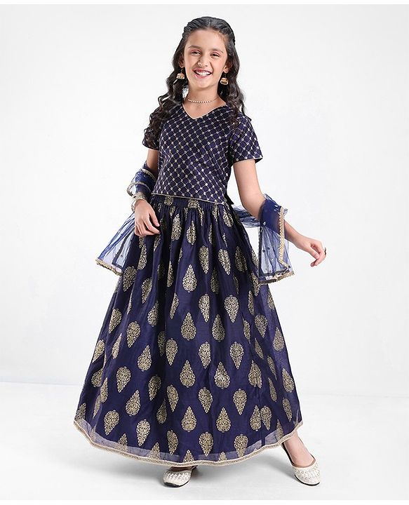 Pine Kids Half Sleeves Choli & Lehenga With Dupatta Set Zari Design - Navy Blue