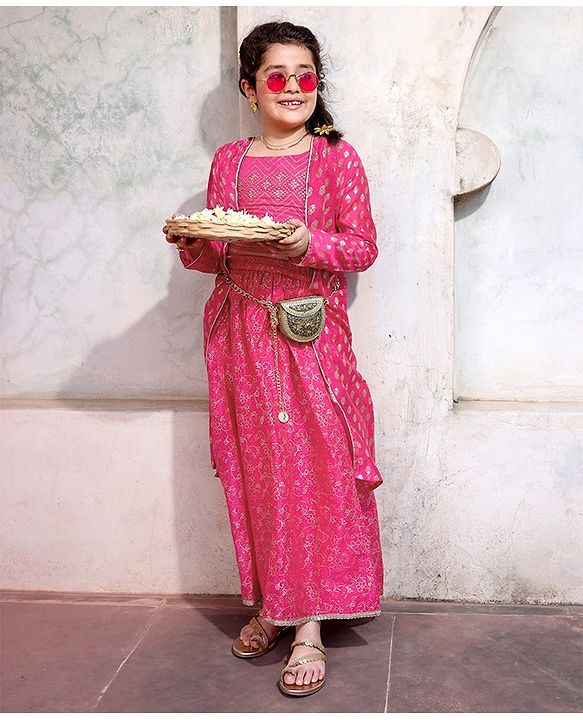 Pine Kids Choli & Lehenga With Full Sleeves Shurg Zari Design - Pink